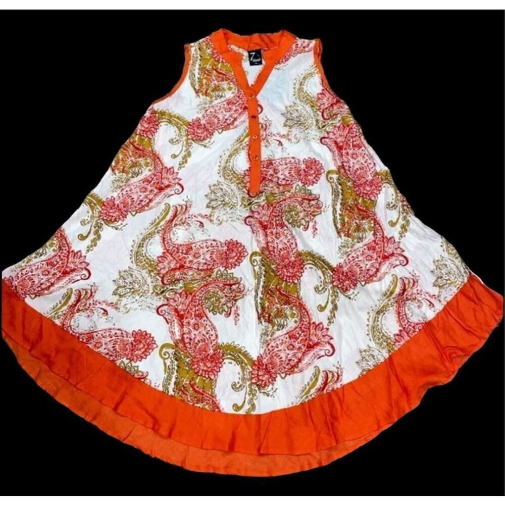 GREAT CONDITION 7 Islands White/Orange Paisley Sleeveless Quarter Zip Dress Size